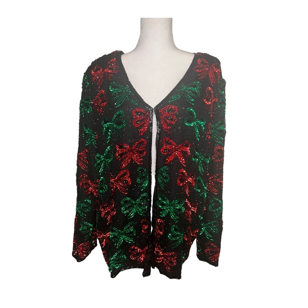 Vintage beaded, sequins Christmas jacket green & red bows silk - Picture 1 of 5